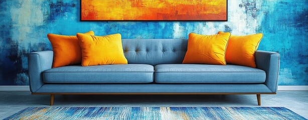 Modern living room featuring a blue sofa with orange cushions against a vibrant abstract wall art