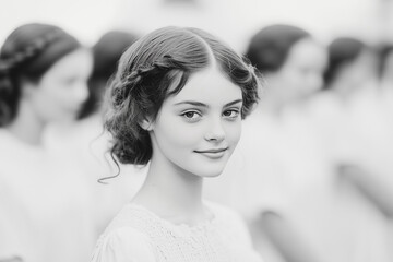elegant vintage inspired portrait of young woman with styled updo hairstyle in black and white