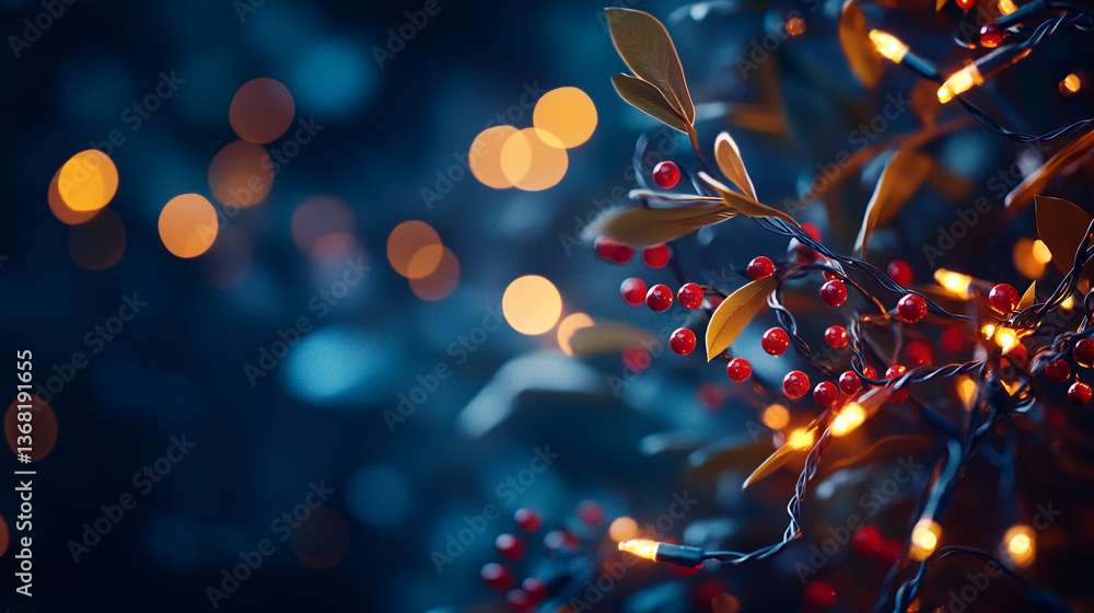 Poster close up of red berries and leaves with string lights against a dark blue bokeh background