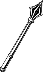 Streitkolben mit verziertem Kopf, mittelalterliche Waffe in stilisierter Schwarz-Weiß-Zeichnung.