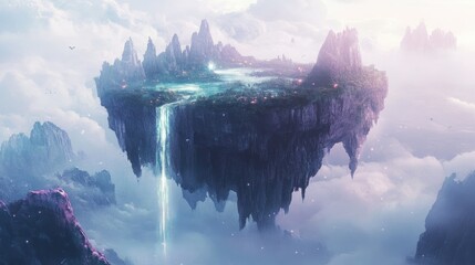 Fantasy floating island with waterfall flowing down in a dreamy landscape