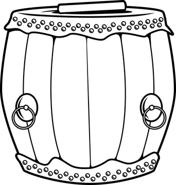 Traditionelle Trommel vom Drachenboot, mit Ringen und Nieten, einfache Linienzeichnung.