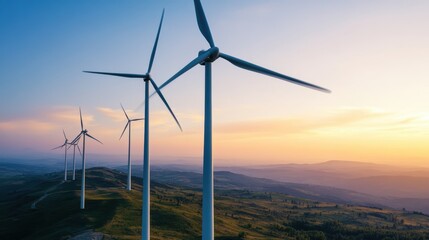 Obraz premium Wind turbines stand tall on a hillside at sunset, showcasing renewable energy and a serene landscape.