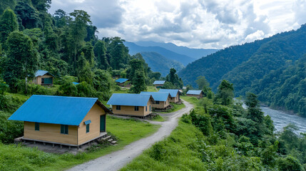 Fototapeta premium Rural hillside lodging with river views
