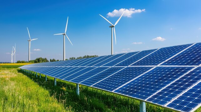 A vibrant landscape featuring solar panels in the foreground and wind turbines in the background under a blue sky, symbolizing renewable energy.