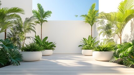 Minimalist outdoor terrace features white wooden floor and wall, framed by tropical plants under vibrant blue sky, exuding zen garden tranquility.