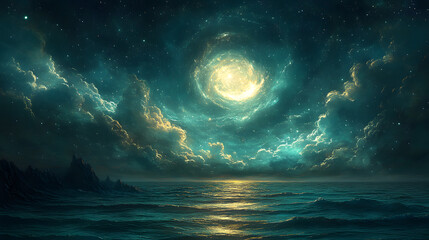Mystical night sky swirls above a tranquil ocean, reflecting shimmering lights and clouds
