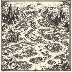 Naklejka premium An intricate, hand-drawn map of a fantastical kingdom, with winding rivers, towering mountains, and mysterious forests, showing every detail of this imaginary land
