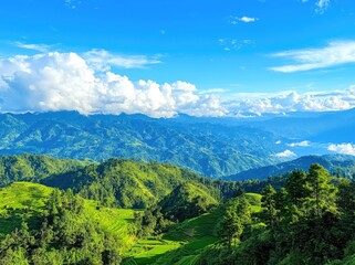 Fototapeta premium A panoramic view of the majestic Himalayas, with lush greenery and terraced rice fields below, under a clear blue sky.