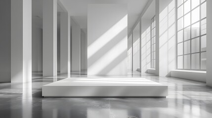 Minimalist white podium sits in empty gallery space, bathed in pure white light, casting soft shadows on glossy floor in modern exhibition hall.
