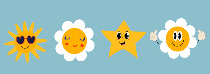 Fototapeta premium Cartoon sun star and flower characters with cheerful facial expressions on blue background for kids design