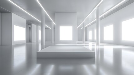 Minimalist white podium sits in empty gallery space, bathed in pure white light, casting soft shadows on glossy floor in modern exhibition hall.