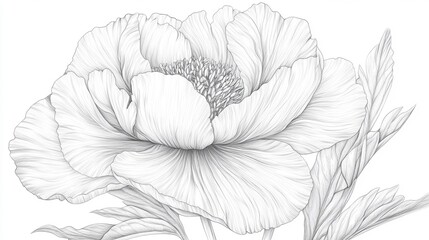 Detailed Peony Flower Pencil Drawing with Leaves and Intricate Petals
