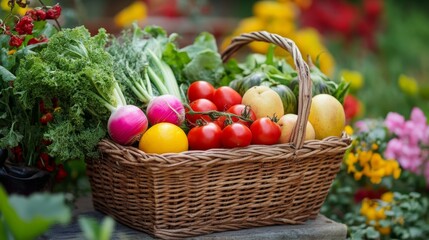 Assorted organic vegetables and fruits in wicker basket isolated on white background.