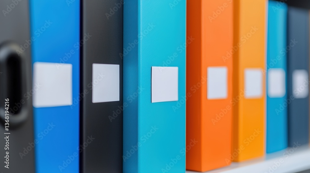 Poster a collection of colorful file binders neatly arranged on a shelf, showcasing vibrant hues and organi