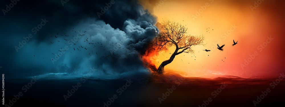 Poster versus vibrant abstract geometric patterns in dynamic futuristic thunderstorm landscape contrasting 