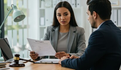Hispanic businesswoman consulting male client on tax paperwork in modern office. Themes include professional advice and collaboration.