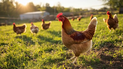 Fototapeta premium Chickens on traditional free range poultry farm.