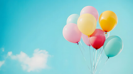 Naklejka premium A joyful and playful Children's Day scene with colorful balloons and toys against a sky blue background, macro shot,
