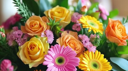 Obraz premium Bright floral cluster of yellow roses, pink daisies and orange gerberas with delicate baby's breath on clean white background, cheerful graphic element for social media posts, spring sale banners or 