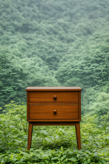 Rustic wooden two-drawer chest in lush green nature