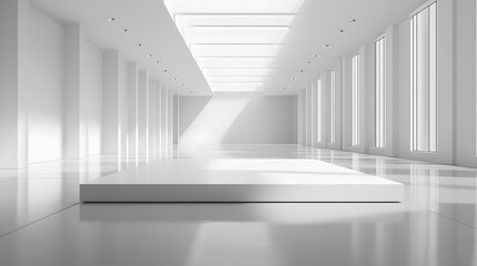 Fototapeta premium Minimalist white podium sits in empty gallery space, bathed in pure white light, casting soft shadows on glossy floor in modern exhibition hall.