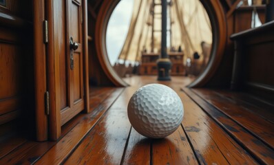 Golf ball on ship's wooden deck
