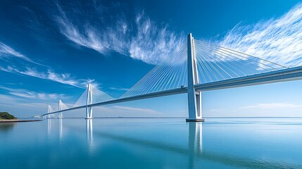 Obraz premium Modern cable-stayed bridge spans calm blue water, its white pillars and sleek design contrasting vibrant sky, embodying engineering elegance.
