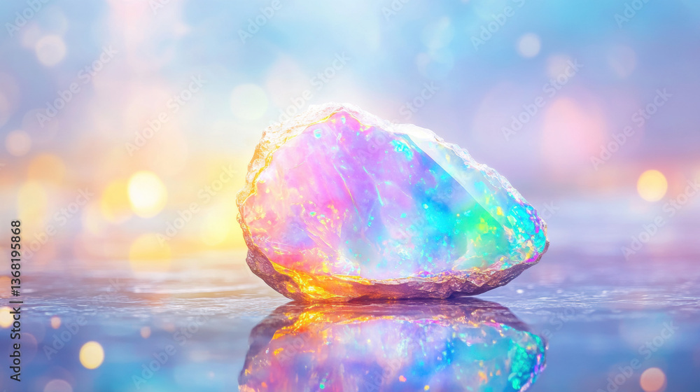 Poster a shimmering crystal reflects colors against a dreamy background with soft bokeh lights.