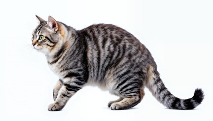 Stripped Cat Crouching Stance Isolated Against White Background Looking Left