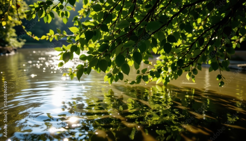 Poster sunlight filters through the leaves, casting dancing shadows on the water's surface and creating a s