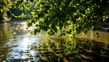 Sunlight filters through the leaves, casting dancing shadows on the water's surface and creating a serene, dappled effect.
