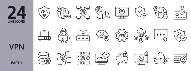 Virtual Private Network line icons set with VPN, Security, Server, Wifi, Password, Internet and more. Editable Stroke