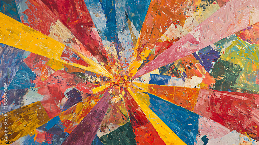 Poster colorful abstract painting with a vibrant burst of primary colors layered over fragments creating a 