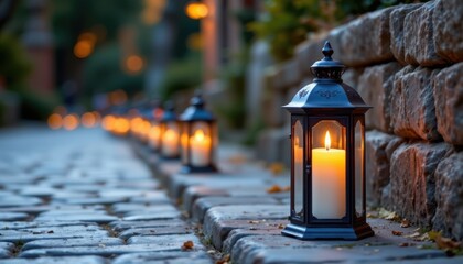 Lanterns, filled with flickering candles, line the path, casting a soft, amber light on the cobblestones below.