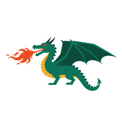 Detailed green dragon breathing fire in flat design vector art