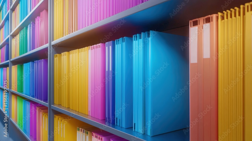 Poster a vibrant shelf displays a variety of colorful file folders, organized neatly in rows to create a vi