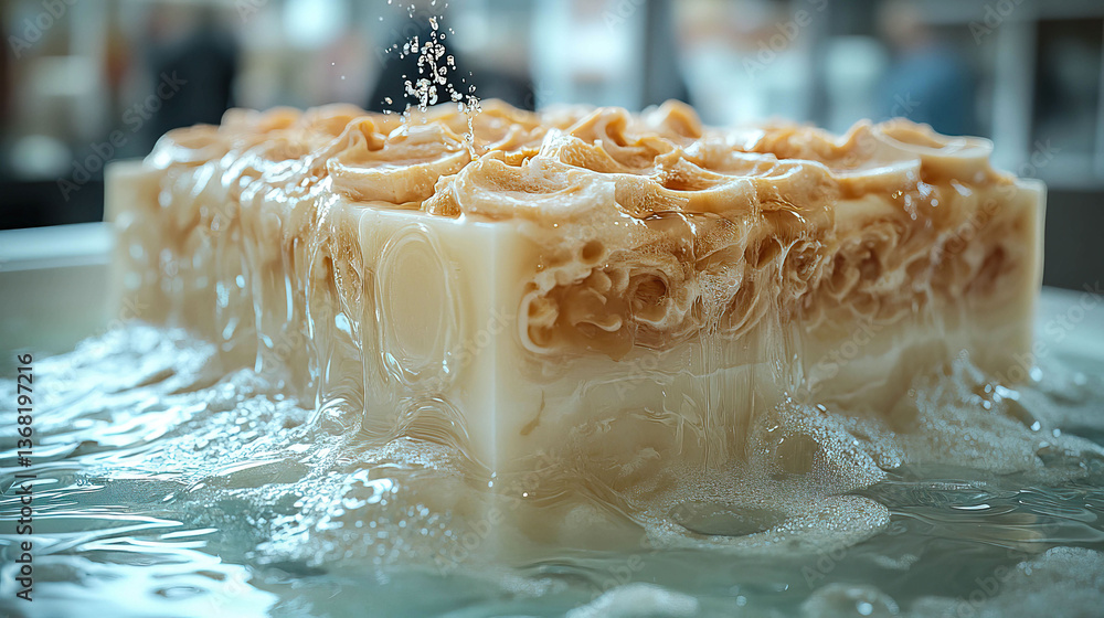 Poster a piece of soap is floating in a bathtub with water splashing around it. the soap is shaped like a c