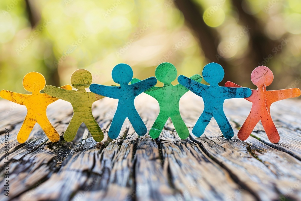 Poster colorful paper men linked together in a paper chain on a wooden surface with a lush green nature bac