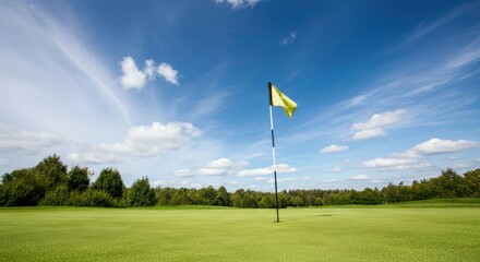 Obraz premium Scenic golf course with yellow flag on sunny day