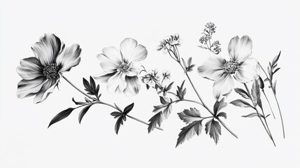 Elegant Flower Drawing with Detailed Petals and Leaves in Black and White