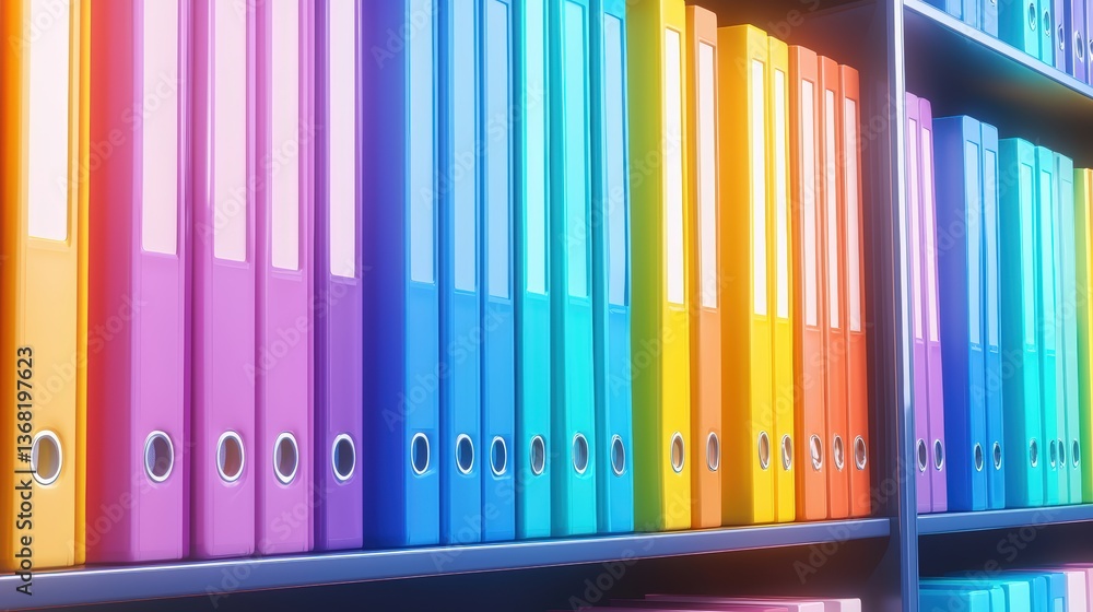 Poster a colorful display of binders organized on a shelf, showcasing a variety of bright hues and a neat a