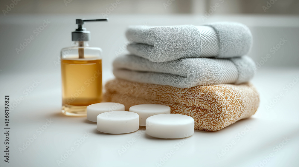 Poster a bottle of lotion sits on a counter next to a stack of white towels. the towels are folded neatly a