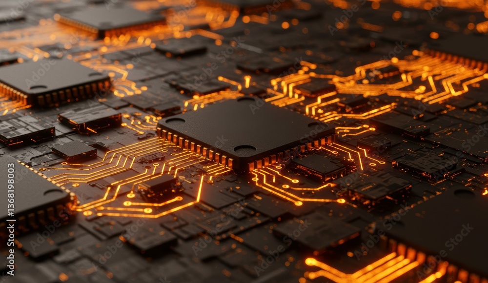 Poster close-up of glowing circuit board with microchips and electronic components showcasing modern techno