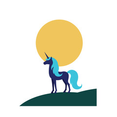 Elegant unicorn silhouette against a bright sun in flat vector art style