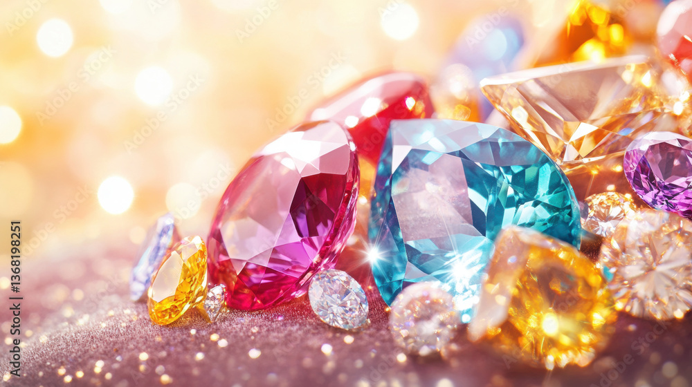 Poster colorful gems sparkle against a shimmering background, creating a luxurious and vibrant visual displ