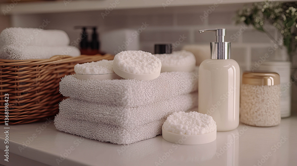 Poster a basket of white towels sits on a counter next to a bottle of lotion and a bottle of soap