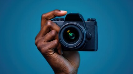 Black African woman hand holding a camera on blue background World Photography Day