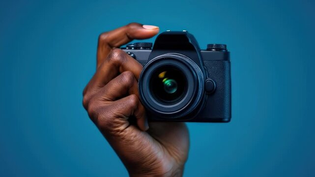 Black African woman hand holding a camera on blue background World Photography Day - Powered by Adobe