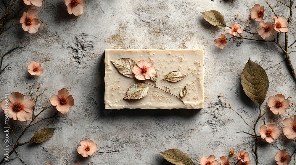 Poster a bar of soap with a flower design on it is placed on a table with pink flowers surrounding it. conc